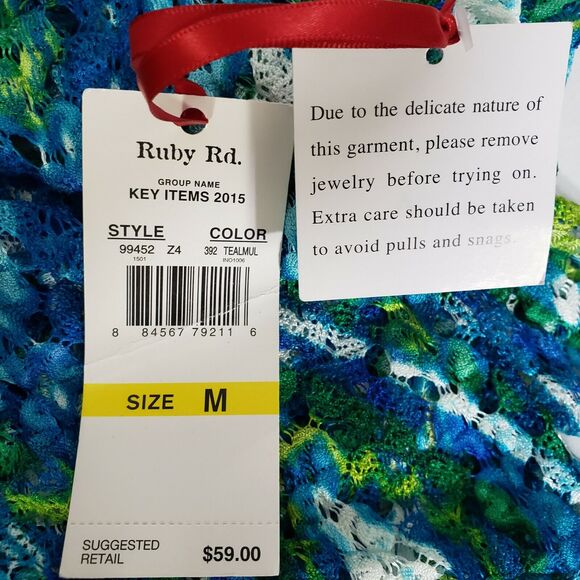 Ruby Rd Womens Cardigan Medium Open Front Teal Multi Colored Crochet Open Knit - Picture 9 of 9